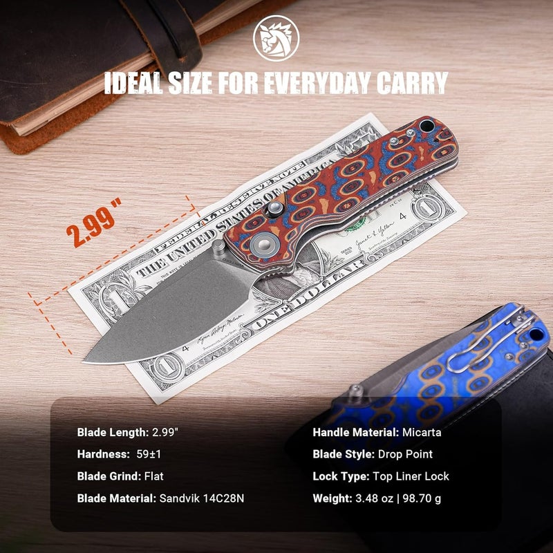 Vosteed Porcupine EDC Pocket Knife - 2.99" 14C28N Stonewash Blade - Top Liner Lock, Copper Raindrop Micarta Handle - Surviving, Camping Knives - A2613 - Image 2